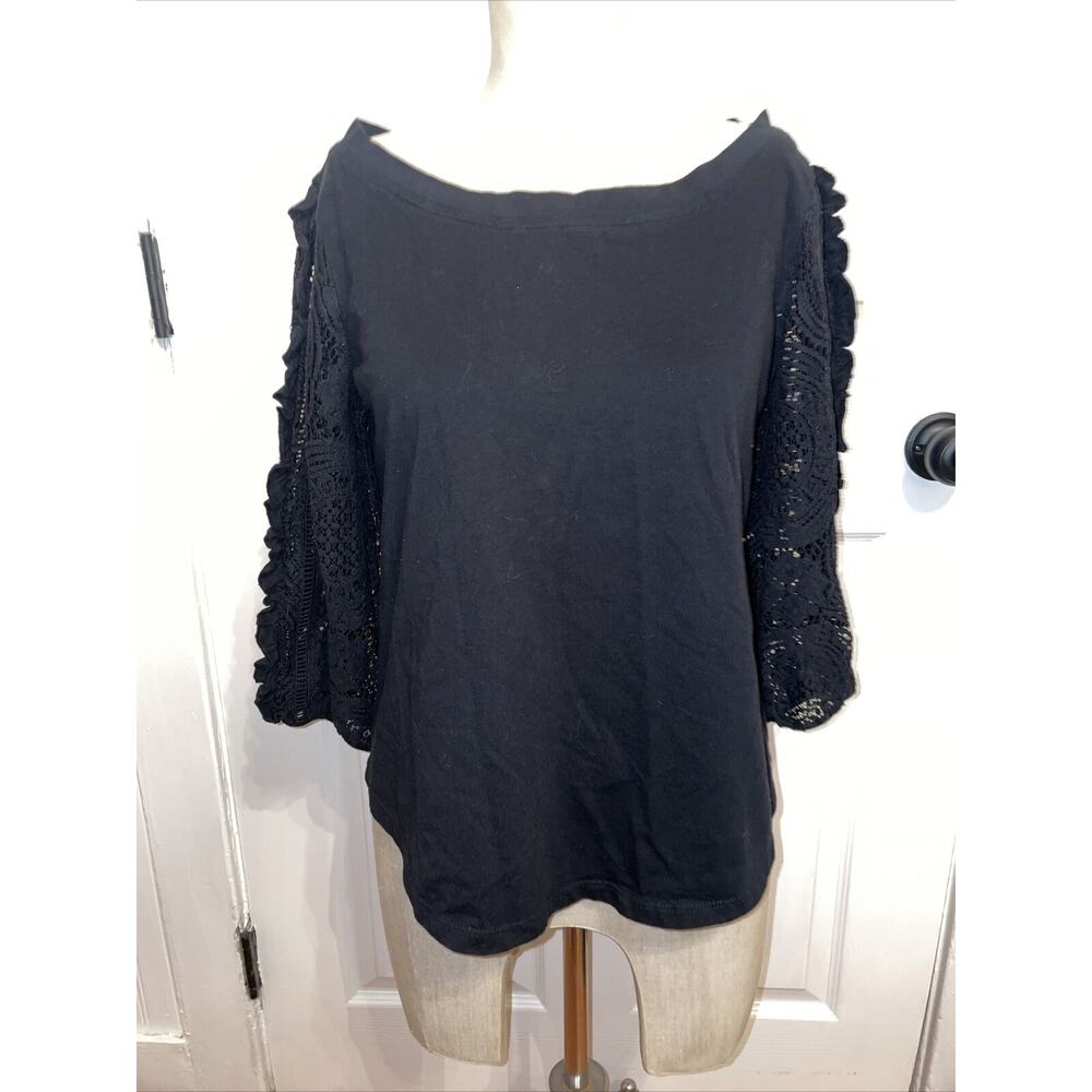 Anthropologie Black Eyelet Sleeve Blouse S Lace 3/4 Sleeve